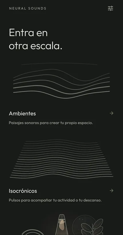 Portada de la app: las familias Ambientes e Isocrónicos, cada una con su propia ilustración