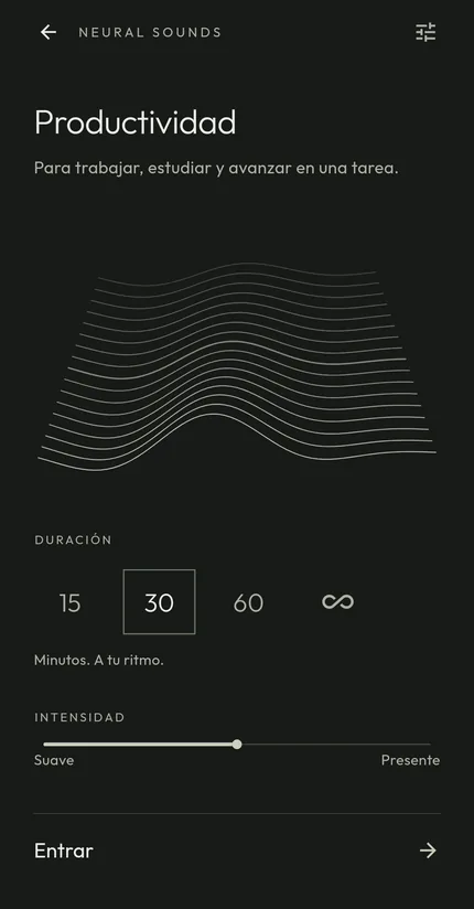 Pantalla de preparación con la duración y la intensidad